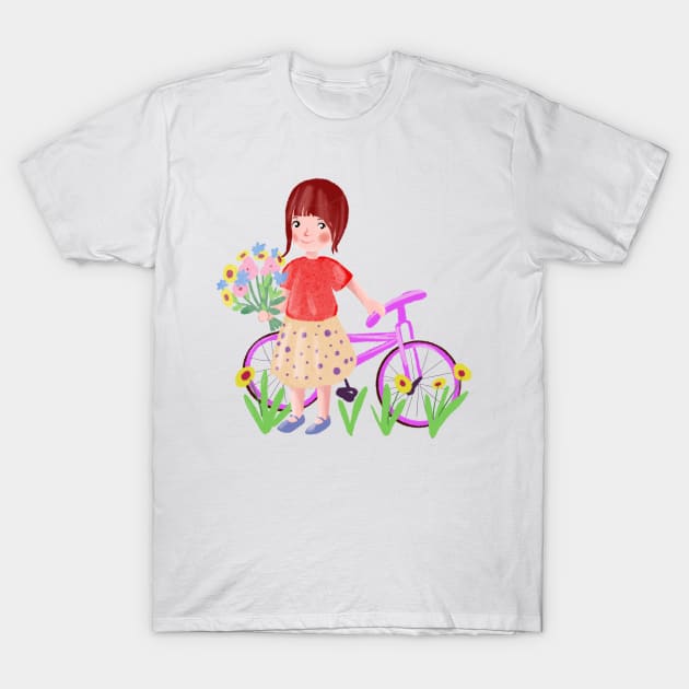 cartoon girl with a bicycle and a bouquet of wildflowers T-Shirt by sonaart